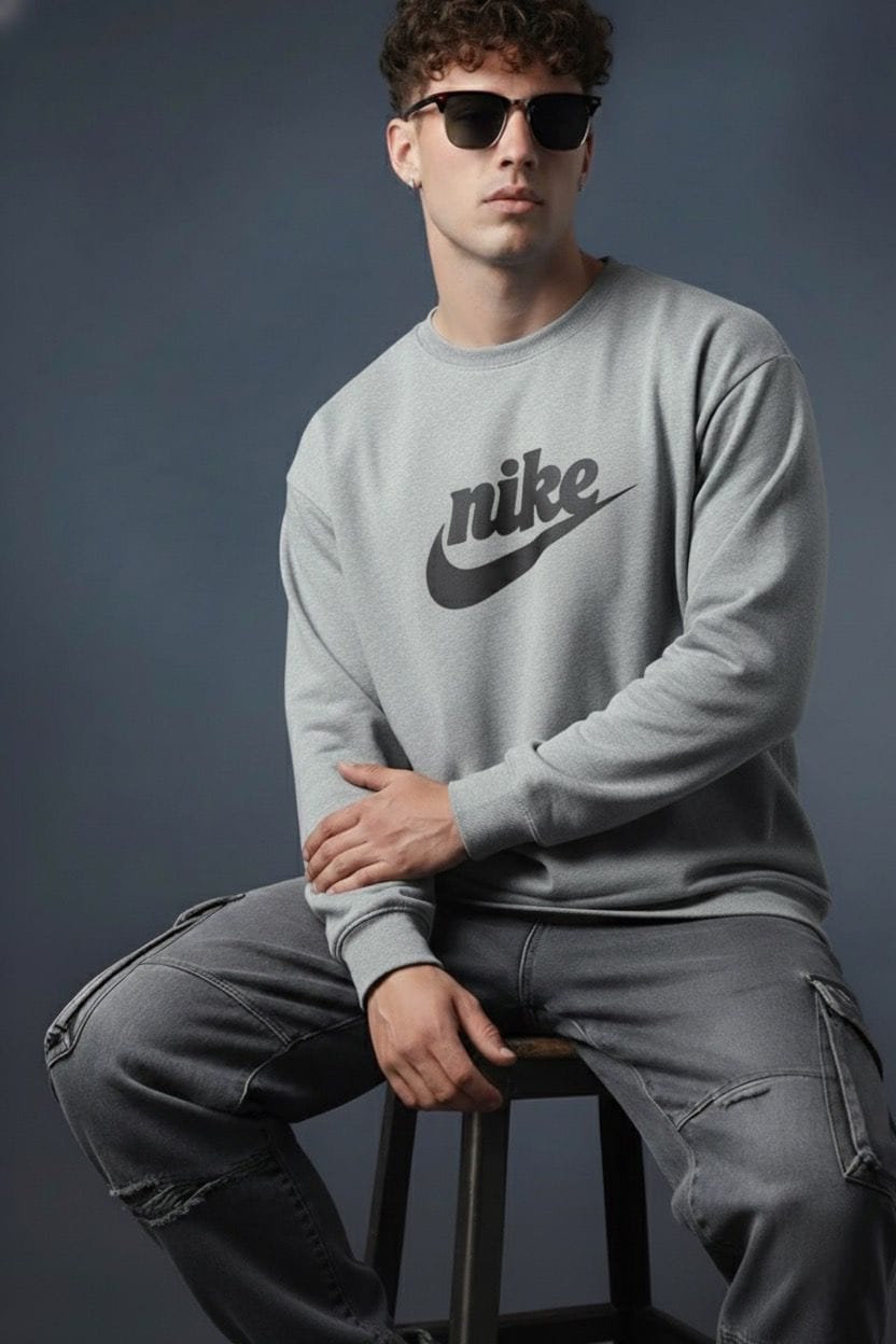 NIKE Graffiti Logo & Swoosh Graphic Print Grey Crewneck Sweatshirt