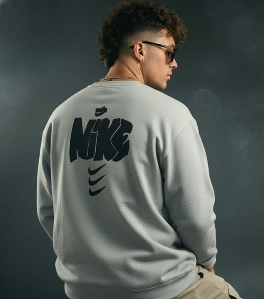 NIKE Graffiti Logo & Swoosh Graphic Print Grey Crewneck Sweatshirt