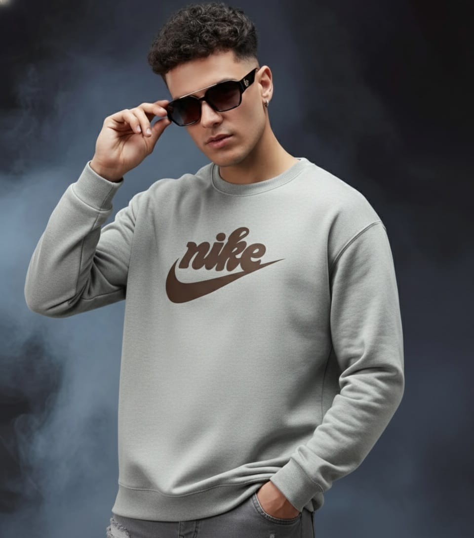 NIKE Graffiti Logo & Swoosh Graphic Print Grey Crewneck Sweatshirt