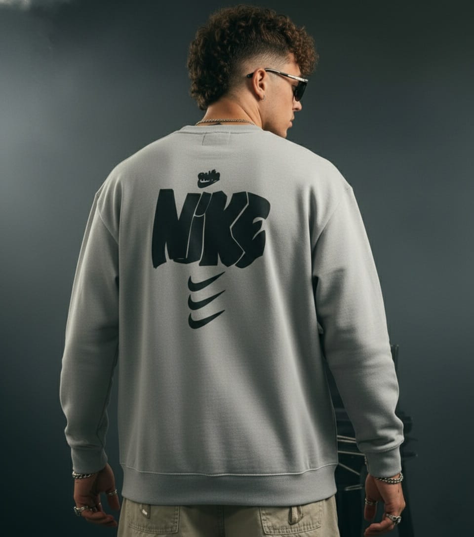 NIKE Graffiti Logo & Swoosh Graphic Print Grey Crewneck Sweatshirt