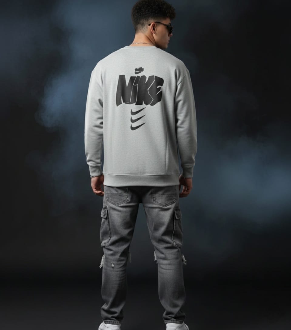 NIKE Graffiti Logo & Swoosh Graphic Print Grey Crewneck Sweatshirt