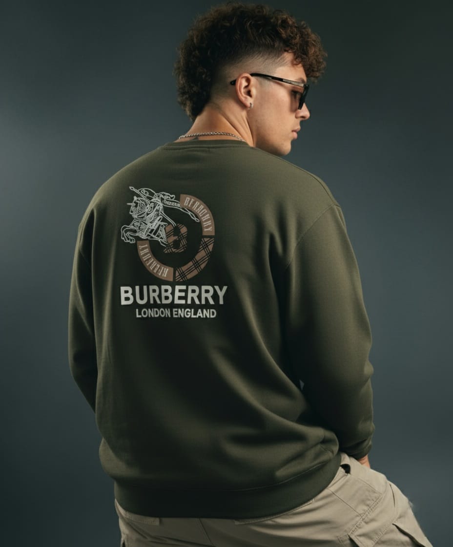 Burberry Equestrian Knight Logo Back Print Olive Green Sweatshirt