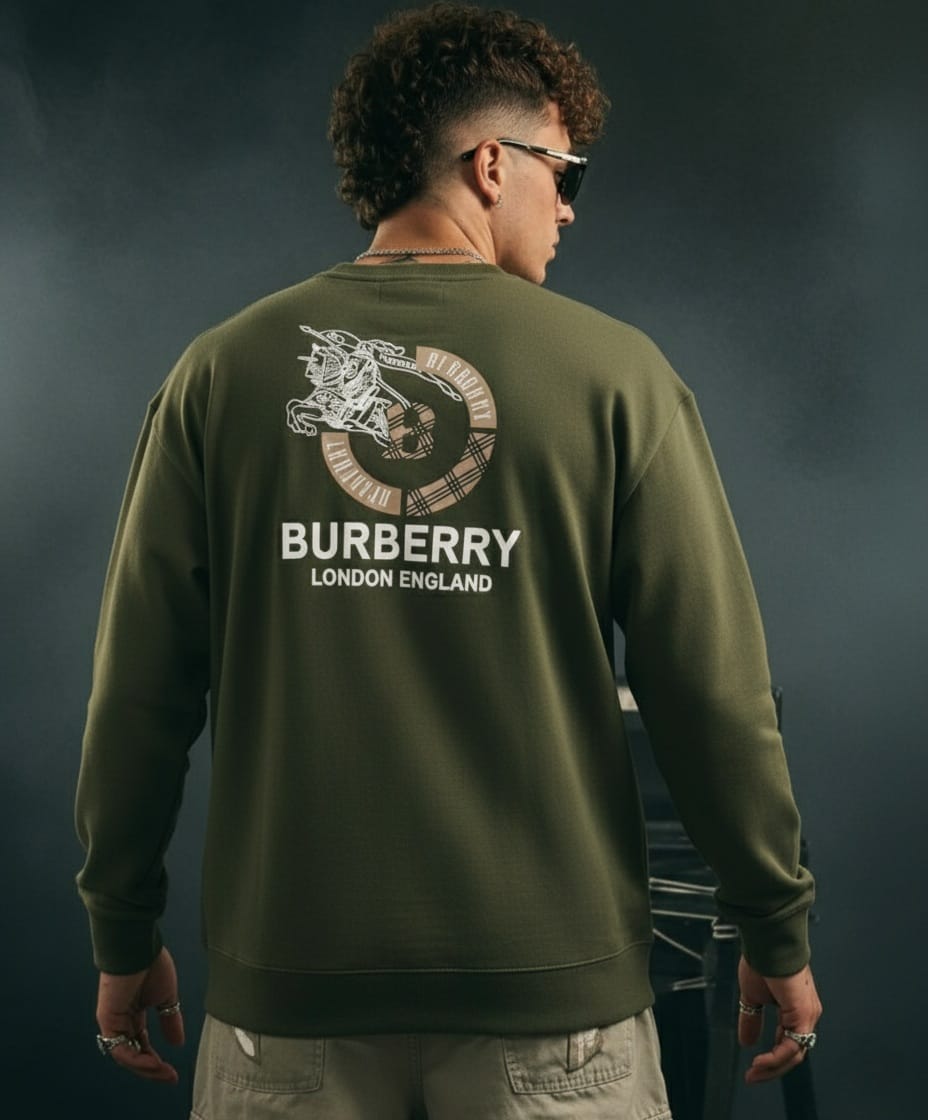 Burberry Equestrian Knight Logo Back Print Olive Green Sweatshirt