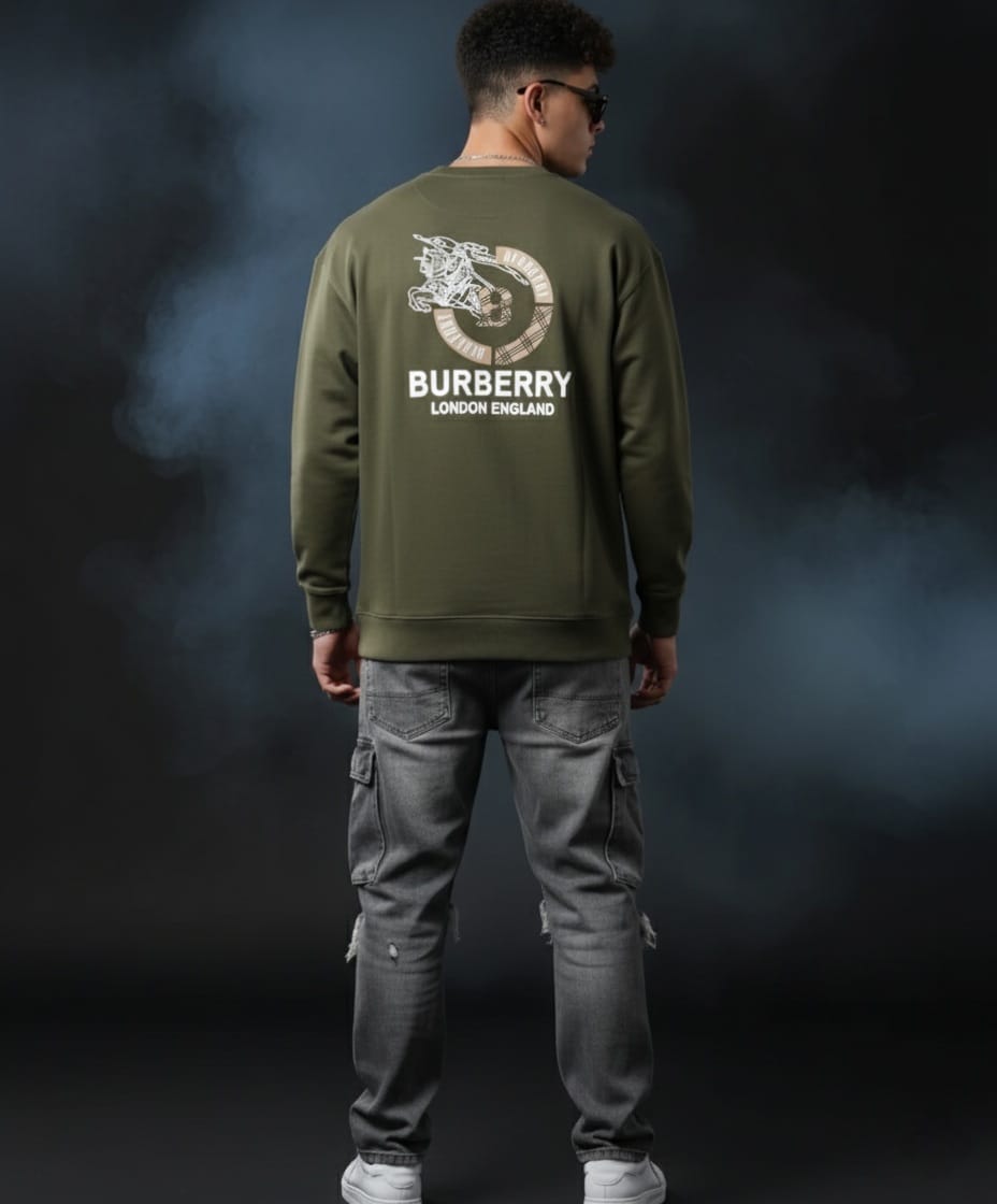 Burberry Equestrian Knight Logo Back Print Olive Green Sweatshirt