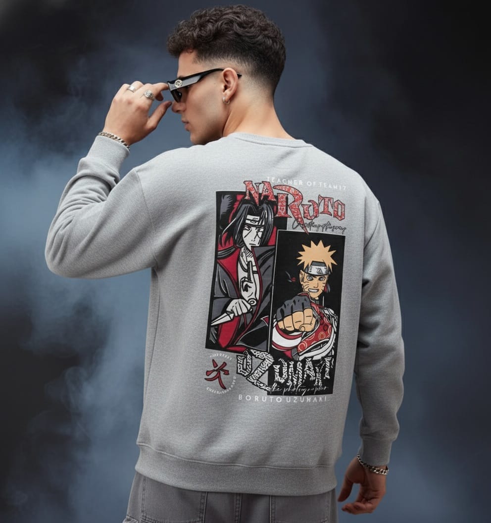 Classic Naruto Series Characters Back Print Grey Sweatshirt